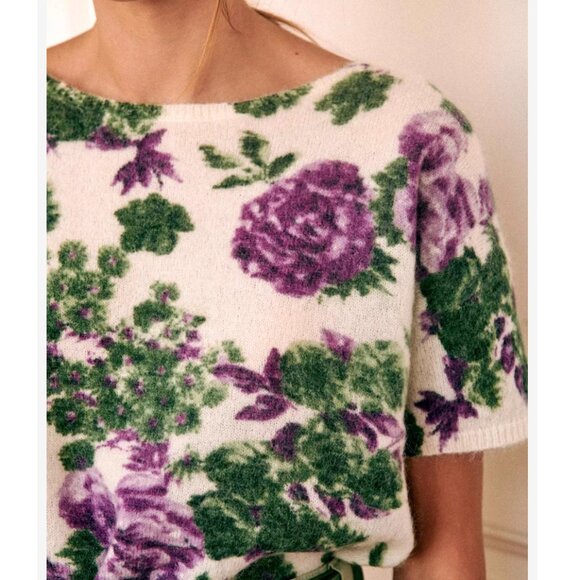 BEST Sezane Adriana Cardigan Violet Green Flowers French Knit Sweater Mohair - Picture 11 of 12